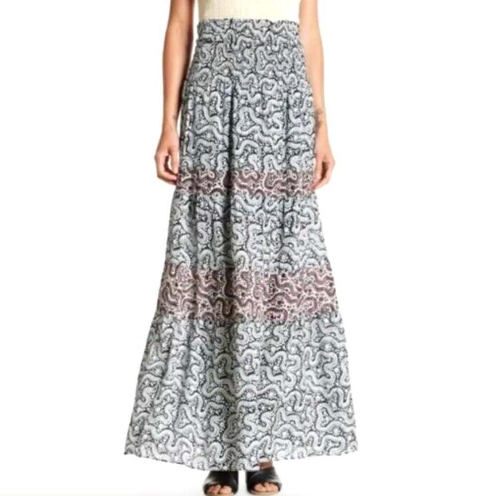 A.L.C. Suarez 100% Silk Patterned Boho Maxi Skirt Rutched Waist Size 0 XS